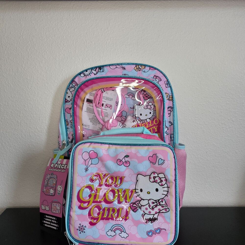 Sanrio Hello Kitty 4 Piece Backpack Set 17 Inch Lunch Tote Headphones Dangle NWT